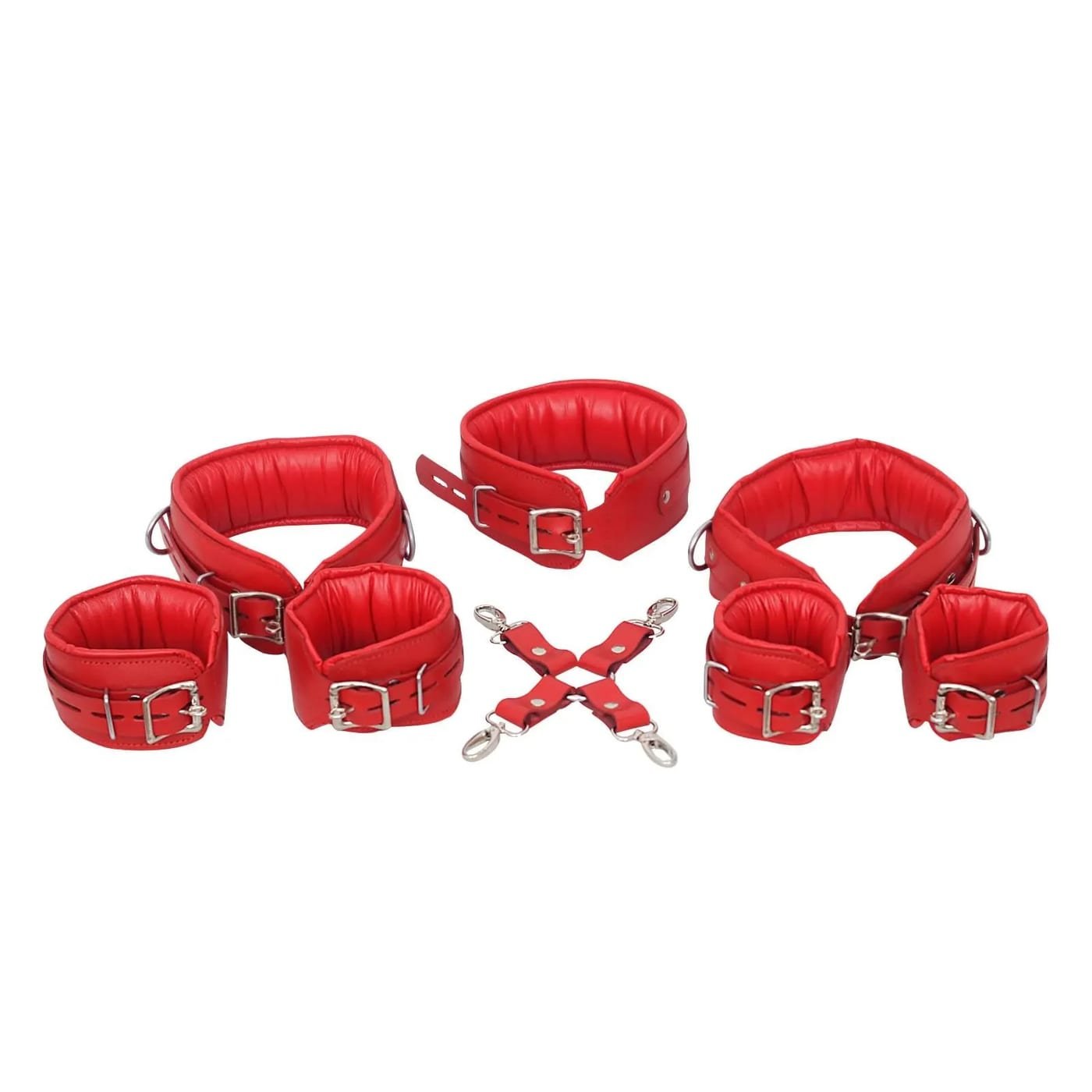 Leather BDSM Restraint Set, Padded Collar Cuffs, Wrist & Ankle Bondage Kit, Adjustable Fetish Restraints