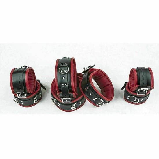Heavy Duty Seven Piece Leather Cuffs Restraints Red & Black