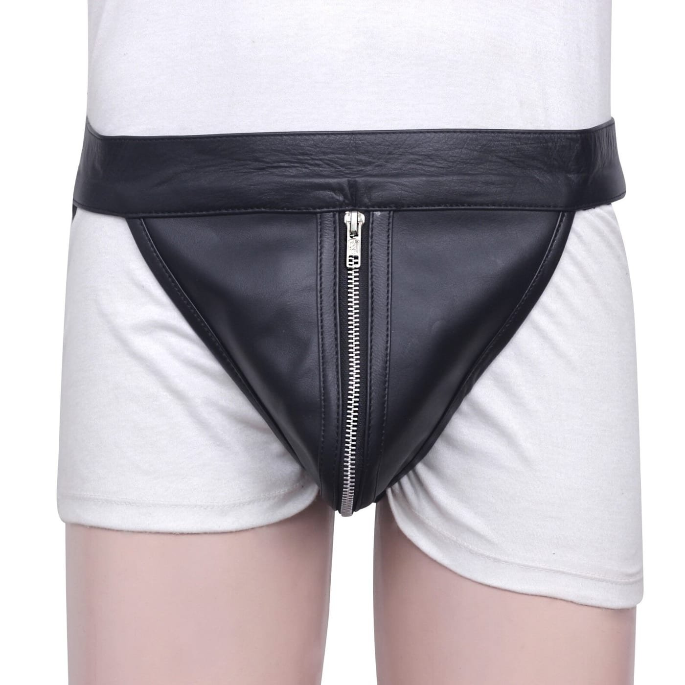 Genuine Leather Men's Jockstrap Pouch Sexy Zipper Underwear Gay Thong Briefs