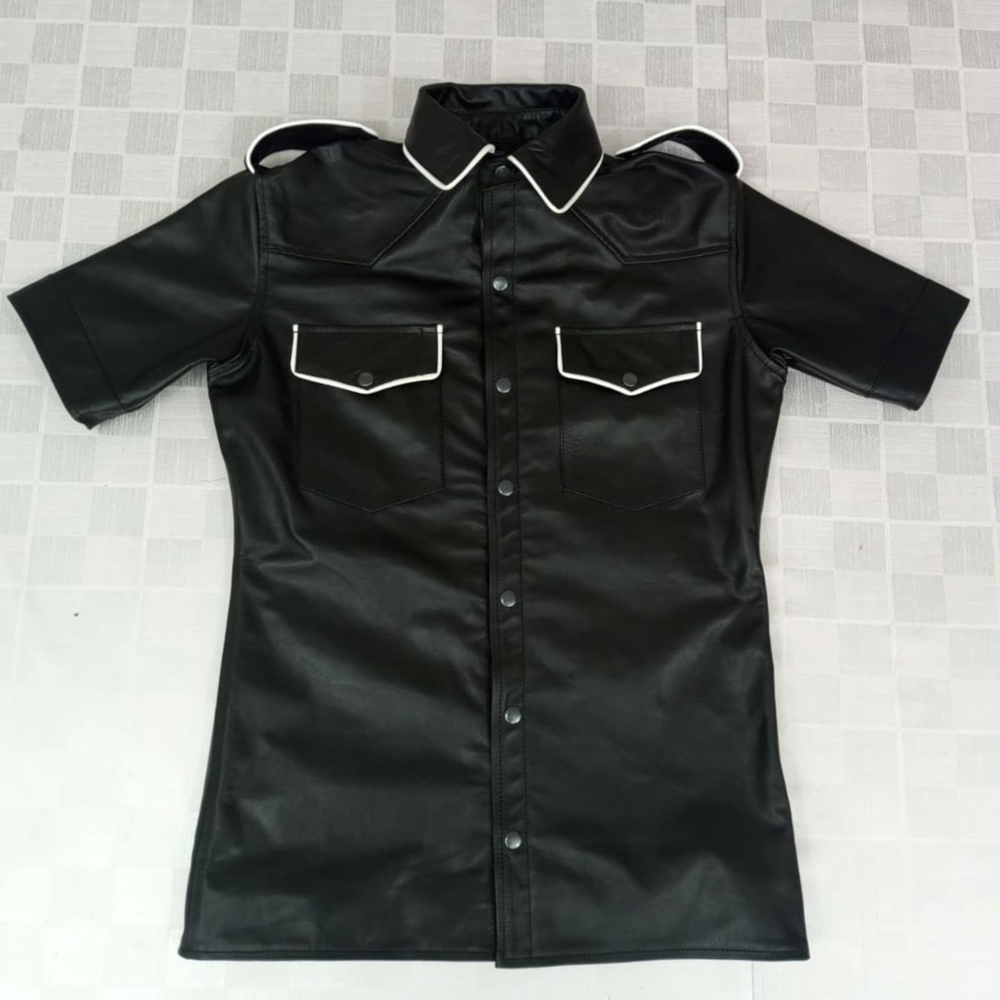 Men's Real Leather Black Police Style Shirt Short Sleeve Gay BLUF Schwarz Cuir